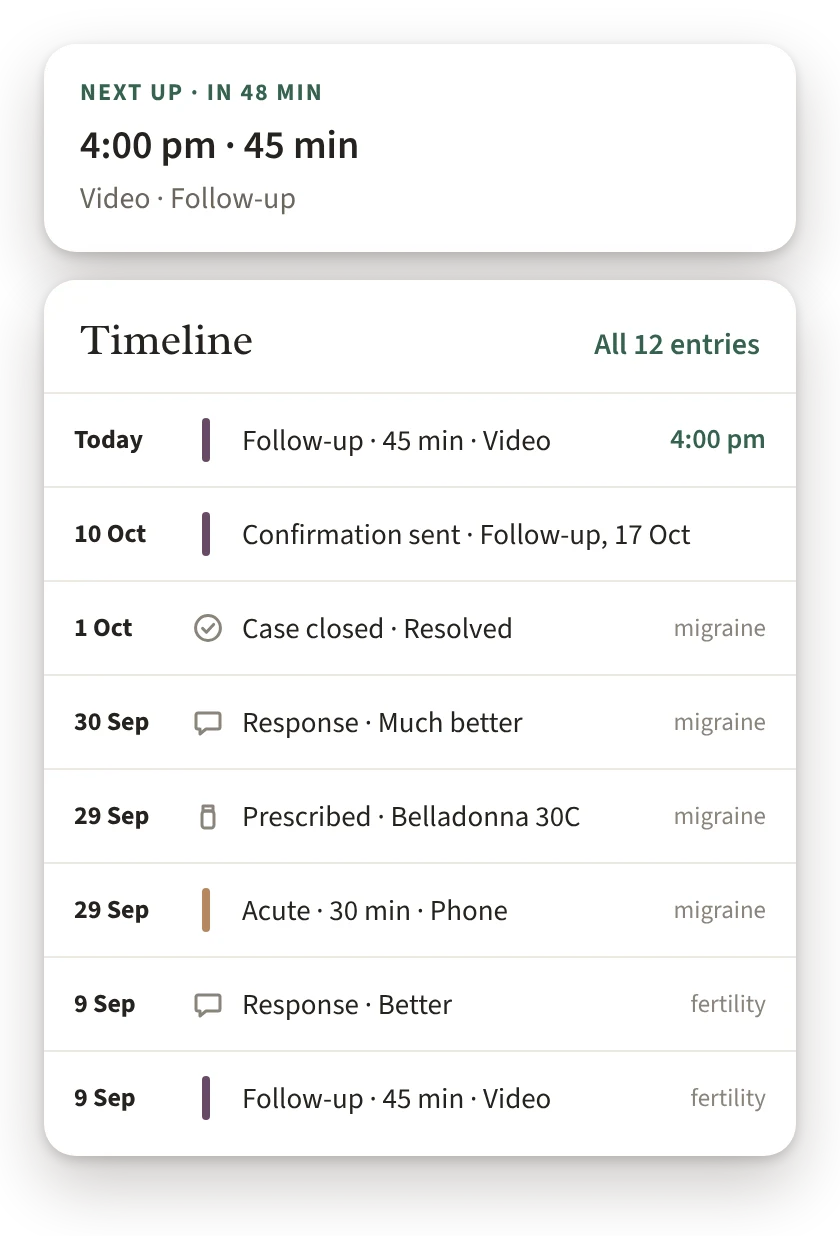 A client's timeline in Samuel Suite on a phone: appointments, a prescription, her responses and a closed case, newest first.